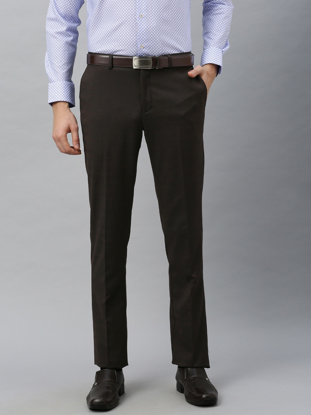 

Blackberrys Men Brown B-95 Skinny Fit Self Design Formal Trousers