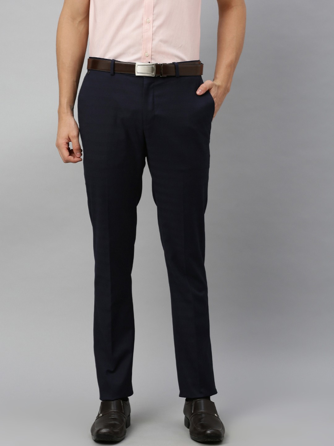 

Blackberrys Men Navy Blue B-95 Slim Fit Self Striped Formal Trousers