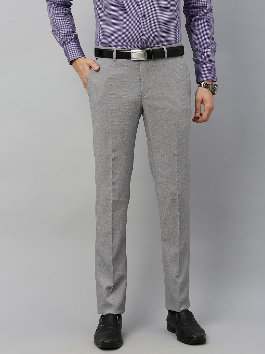 

Blackberrys Men Grey Slim Fit Self Design Formal Trousers