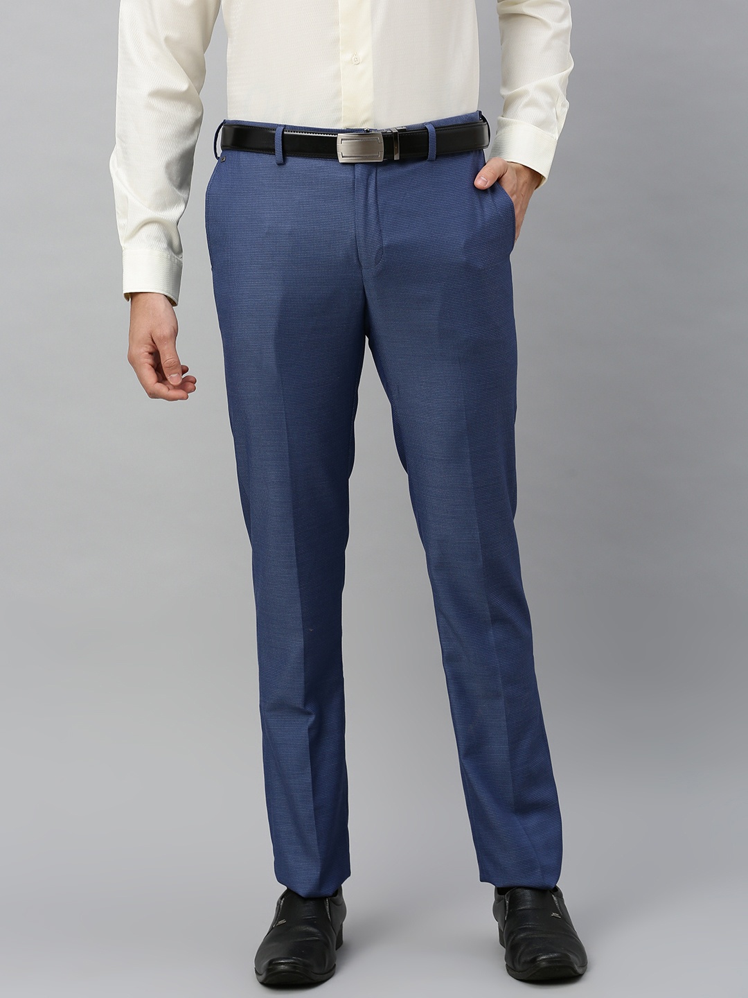 

Blackberrys Men Navy Blue Tapered Fit Self Design Formal Trousers