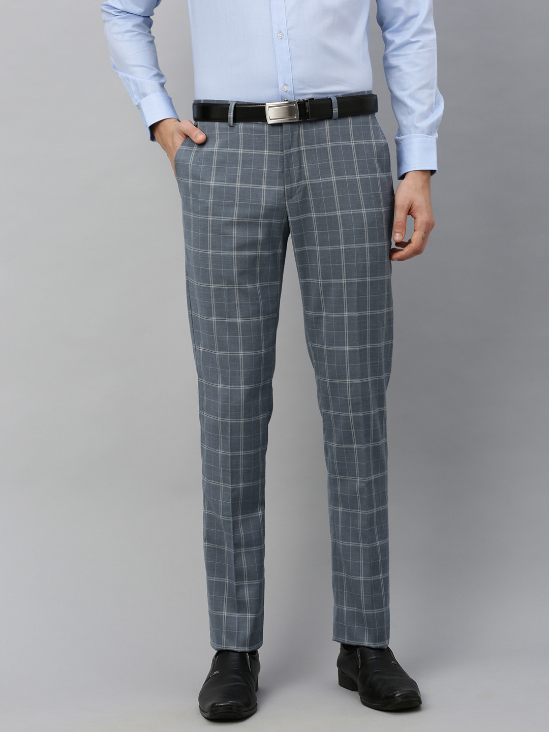 

Blackberrys Men Grey & Blue Skinny Fit Checked Formal Trousers