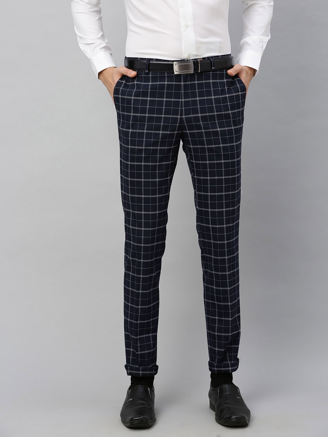 

Blackberrys Men Navy Blue & White B-91 Narrow Fit Checked Formal Trousers