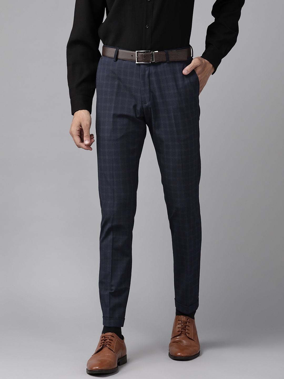 

Blackberrys Men Navy Blue Checked Phoenix Regular Fit Formal Trousers