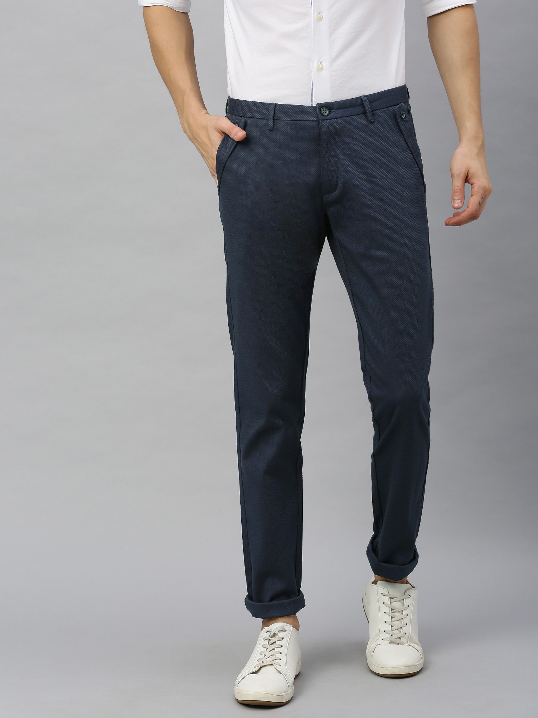 

Blackberrys Men Navy Blue Roger Slim Fit Self Design Regular Trousers