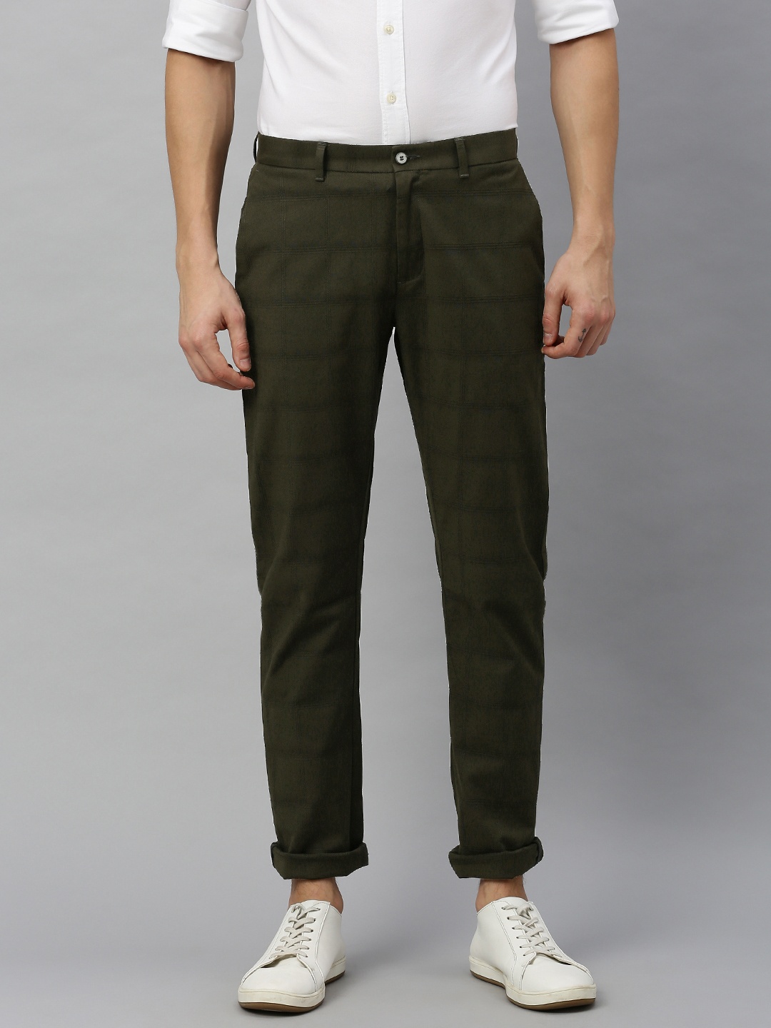 

Blackberrys Men Olive Green B-95 Slim Fit Checked Regular Trousers