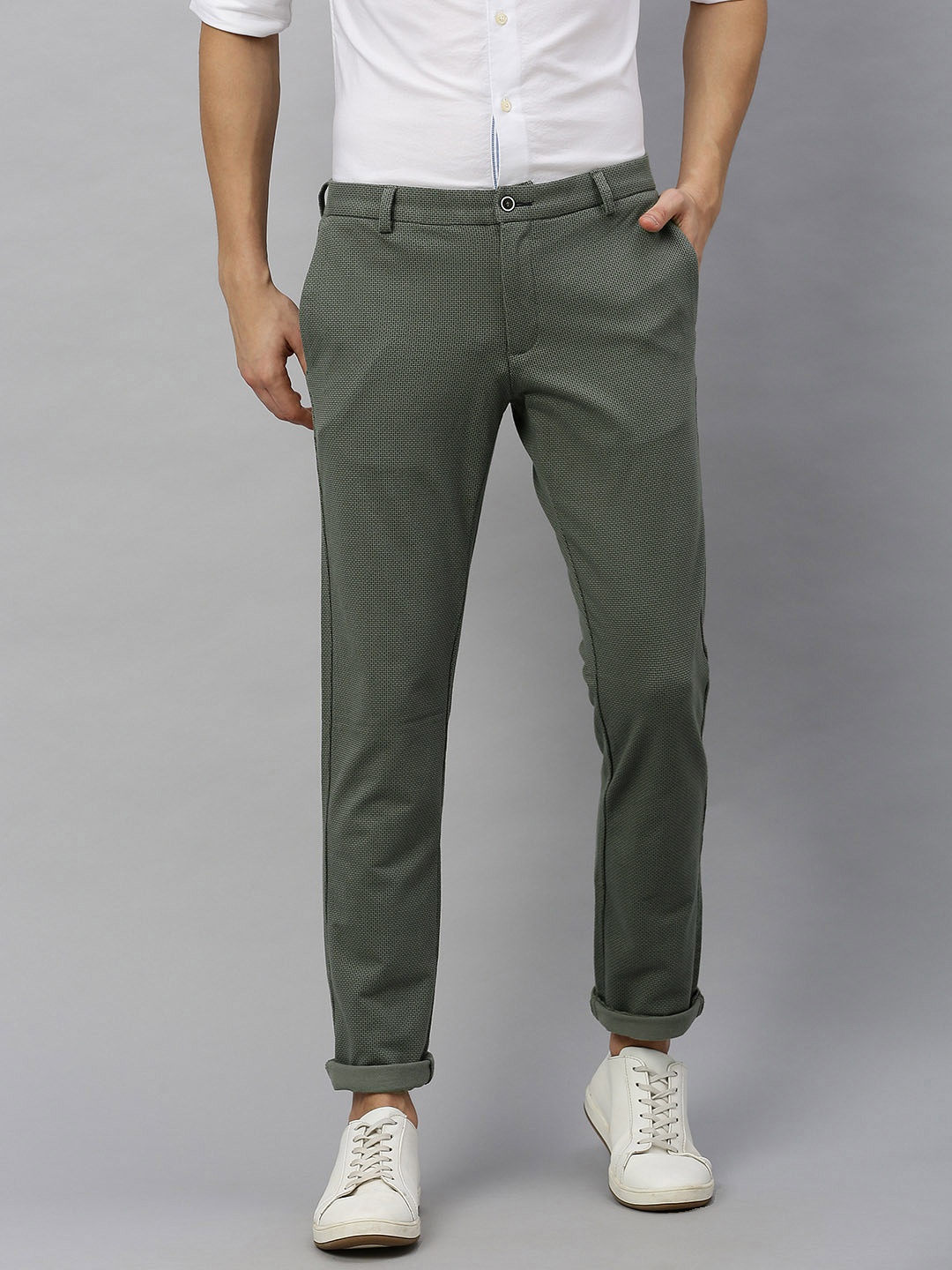 

Blackberrys Men Olive Green & Beige B-91 Skinny Fit Printed Regular Trousers