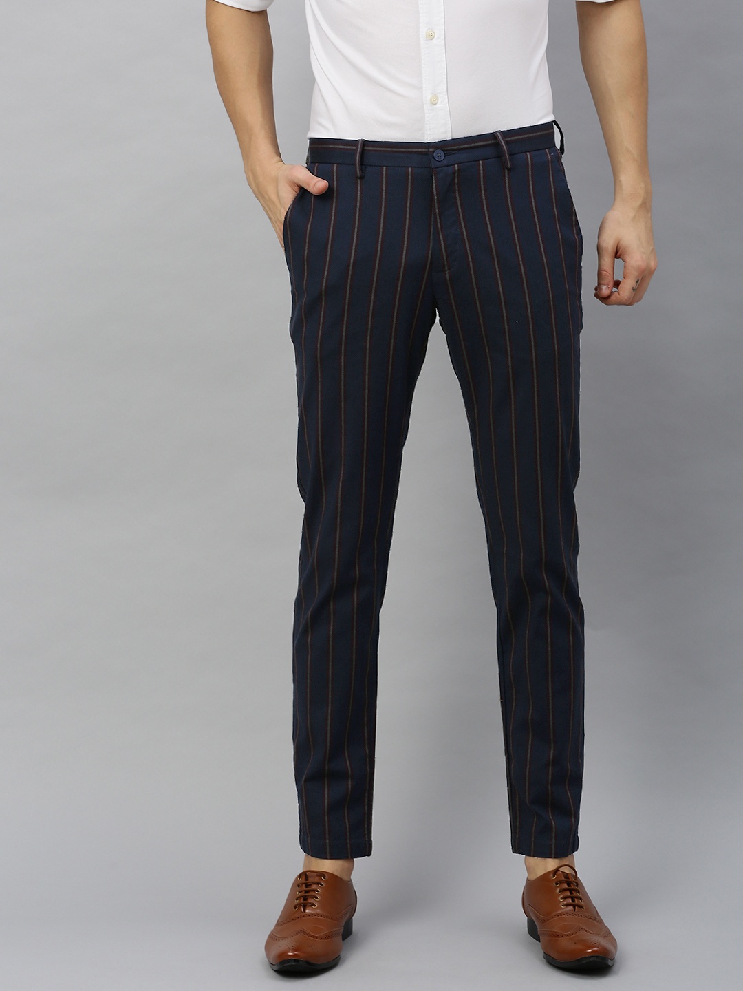 

Blackberrys Men Navy Blue & Brown Lean Skinny Fit Striped Regular Trousers