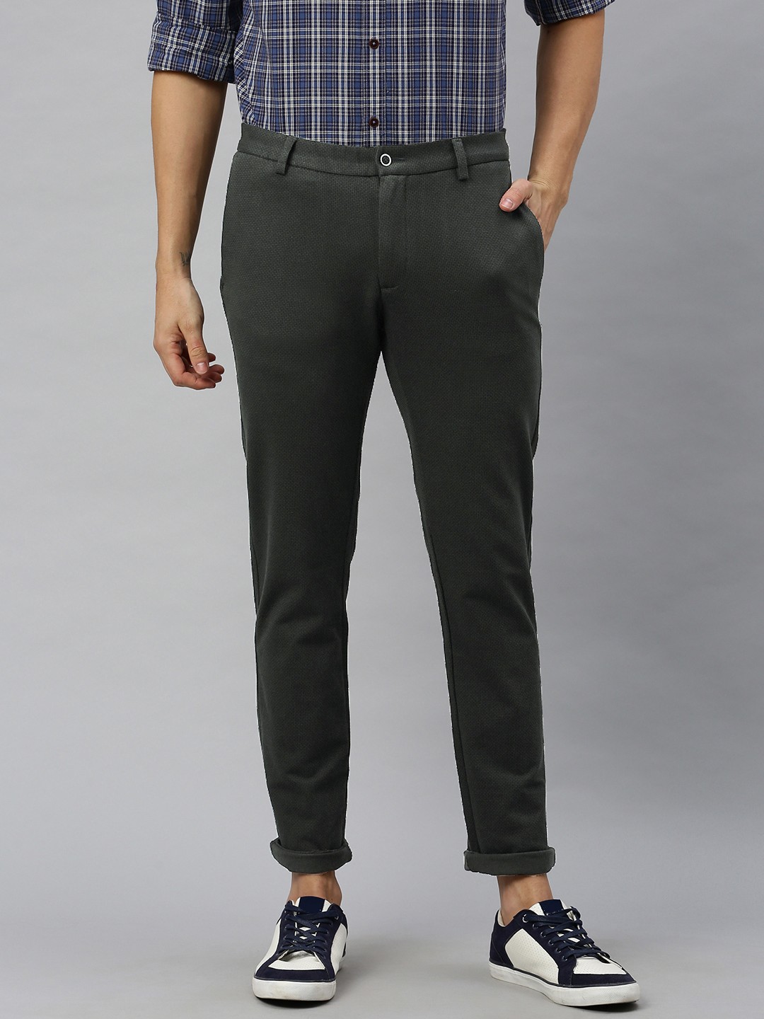 

Blackberrys Men Olive Green & Charcoal Grey B-91 Skinny Fit Printed Regular Trousers