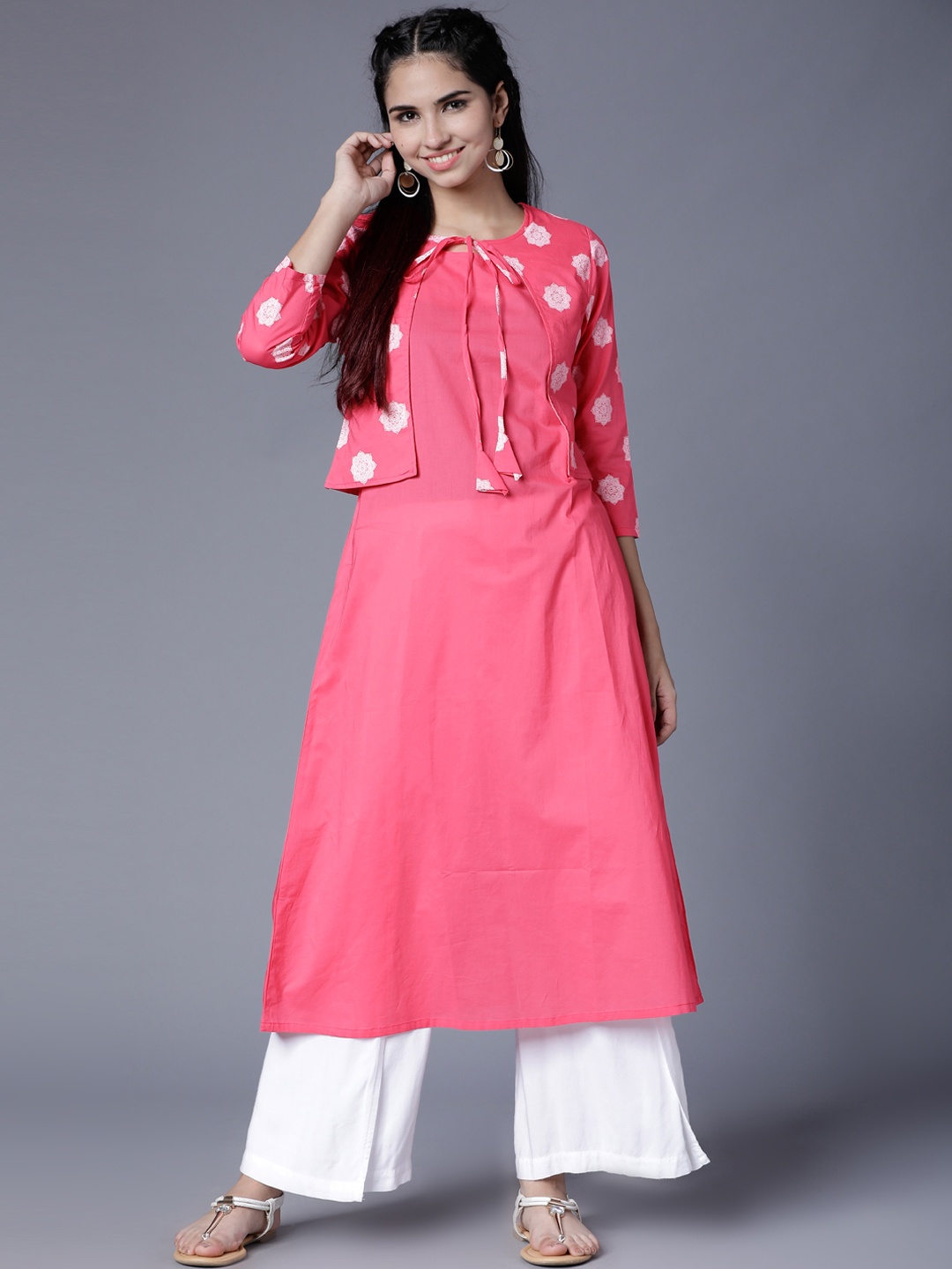 

Vishudh Women Pink & White Printed A-Line Kurta