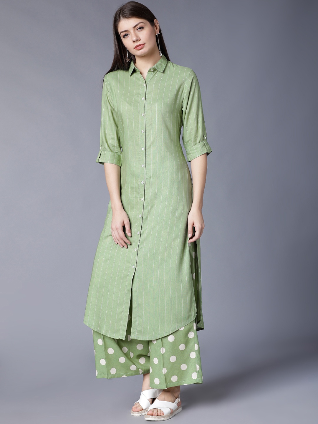 

Vishudh Women Olive Green & White Striped Kurta with Polka Dot Printed Trousers