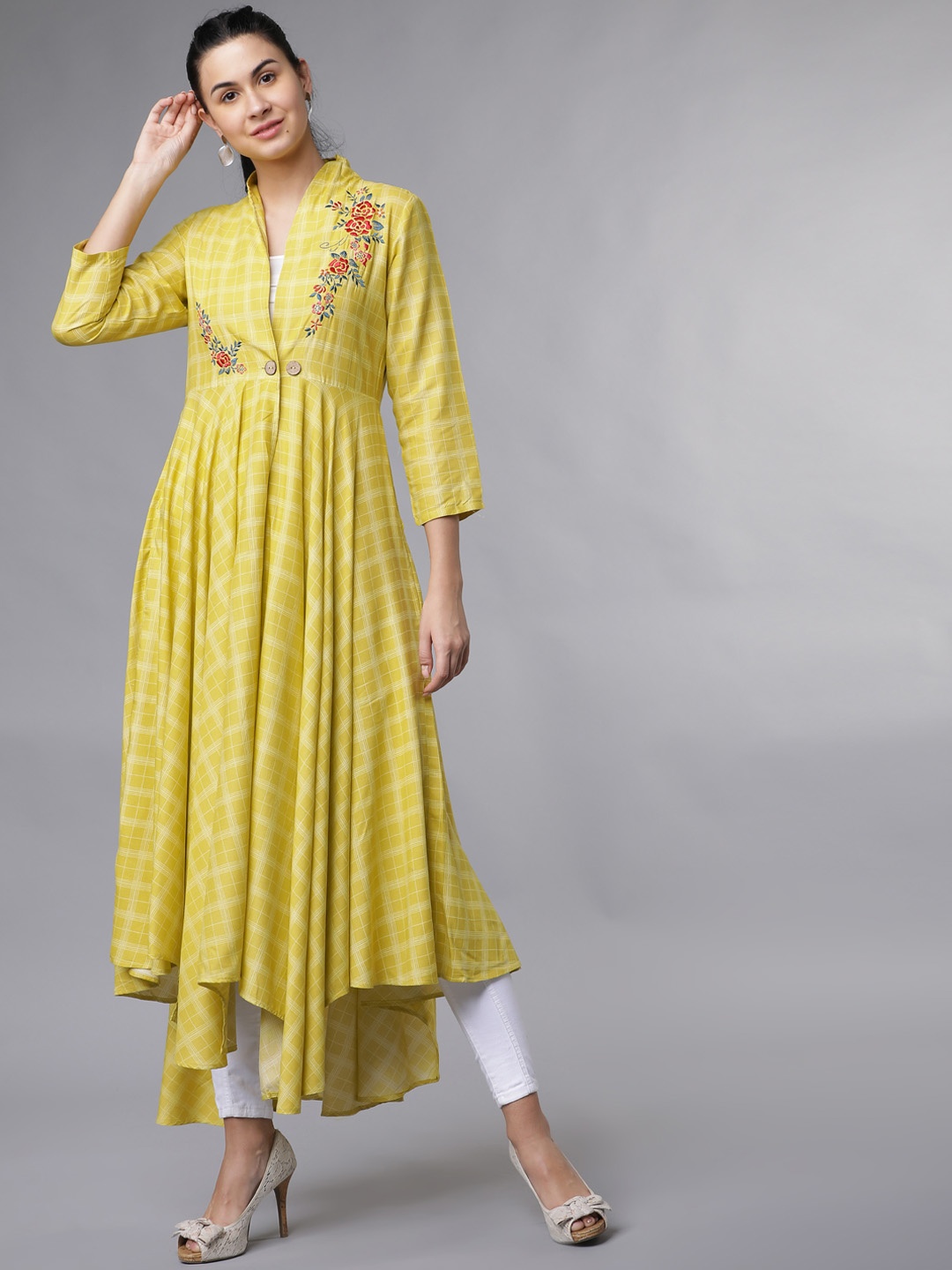 

Vishudh Women Green Checked A-Line Kurta