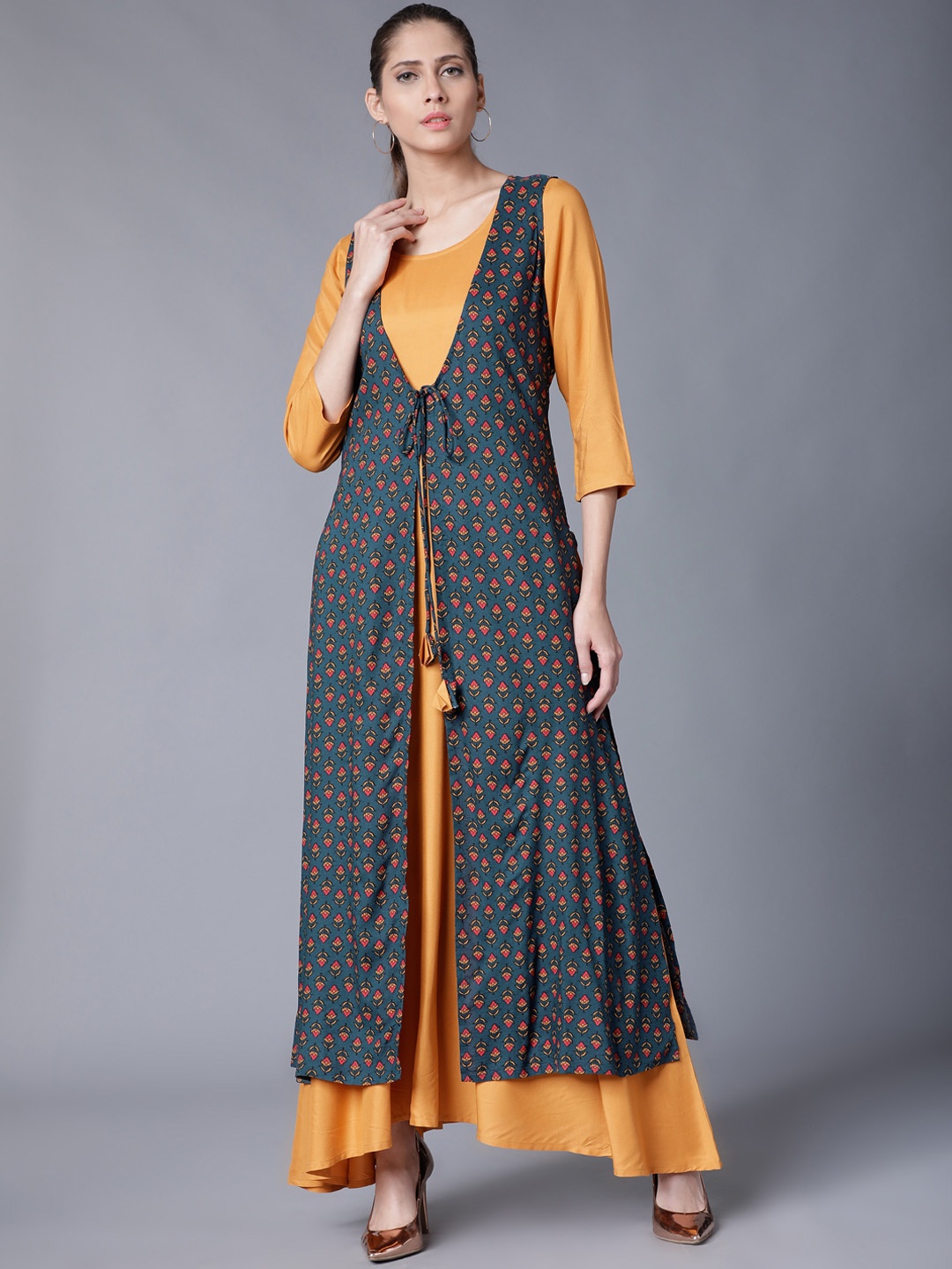 

Vishudh Women Mustard Yellow & Teal Blue Printed Layered A-Line Kurta
