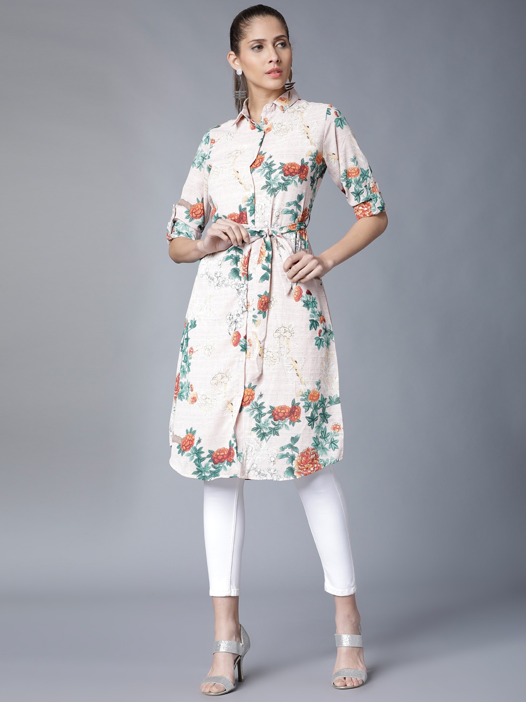 

Vishudh Women Pink & Green Printed Straight Kurta