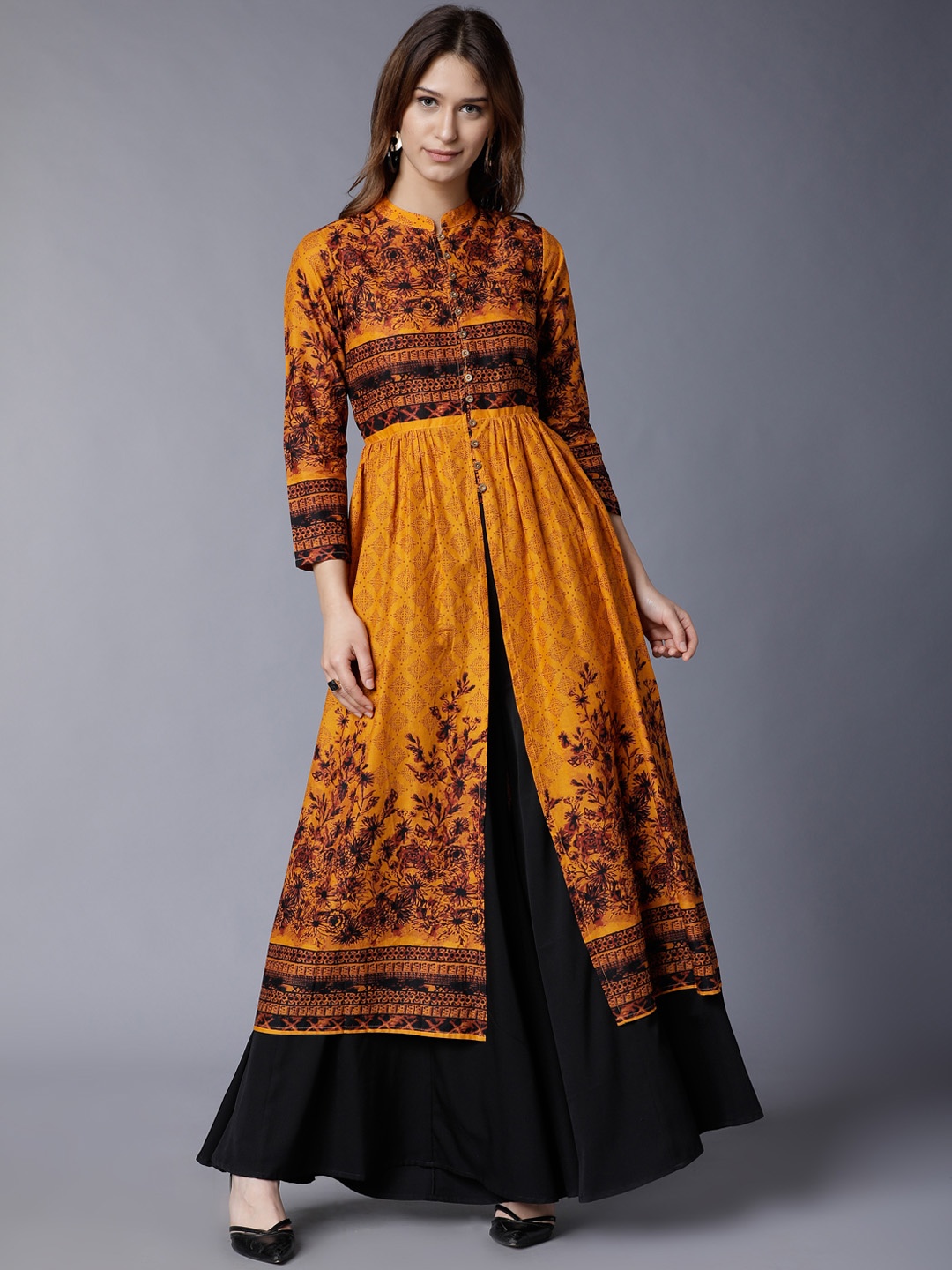 

Vishudh Women Mustard Yellow & Brown Floral Print A-Line Kurta