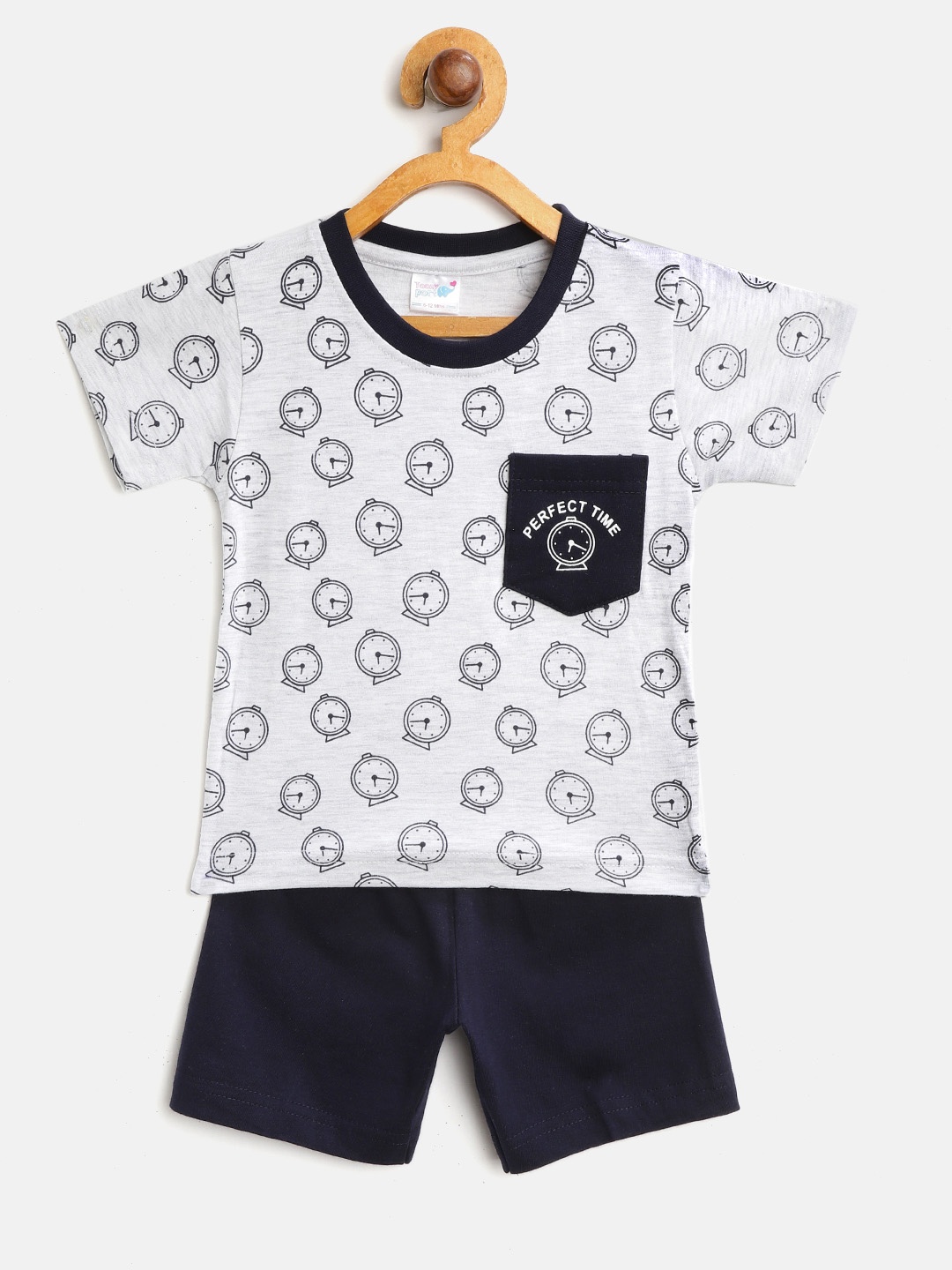 

Toonyport Boys Grey Melange & Navy Blue Clock Print T-shirt with Shorts