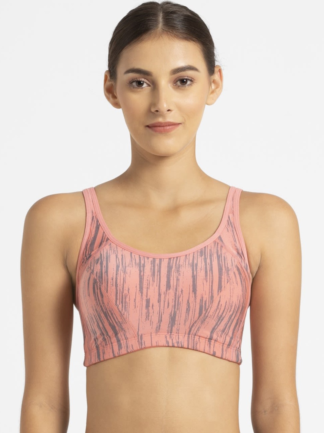 

Jockey Peach-Coloured Striped Non-Wired Lightly Padded Medium Support Sports Bra MI01-0103