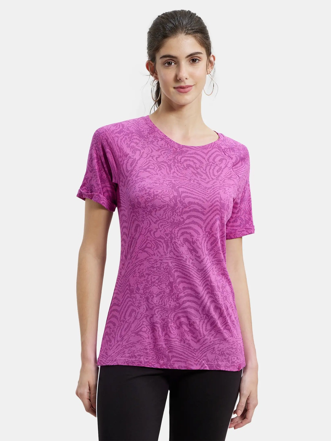

Jockey Women Pink & Lavender Floral Print Round Neck Sports T-shirt