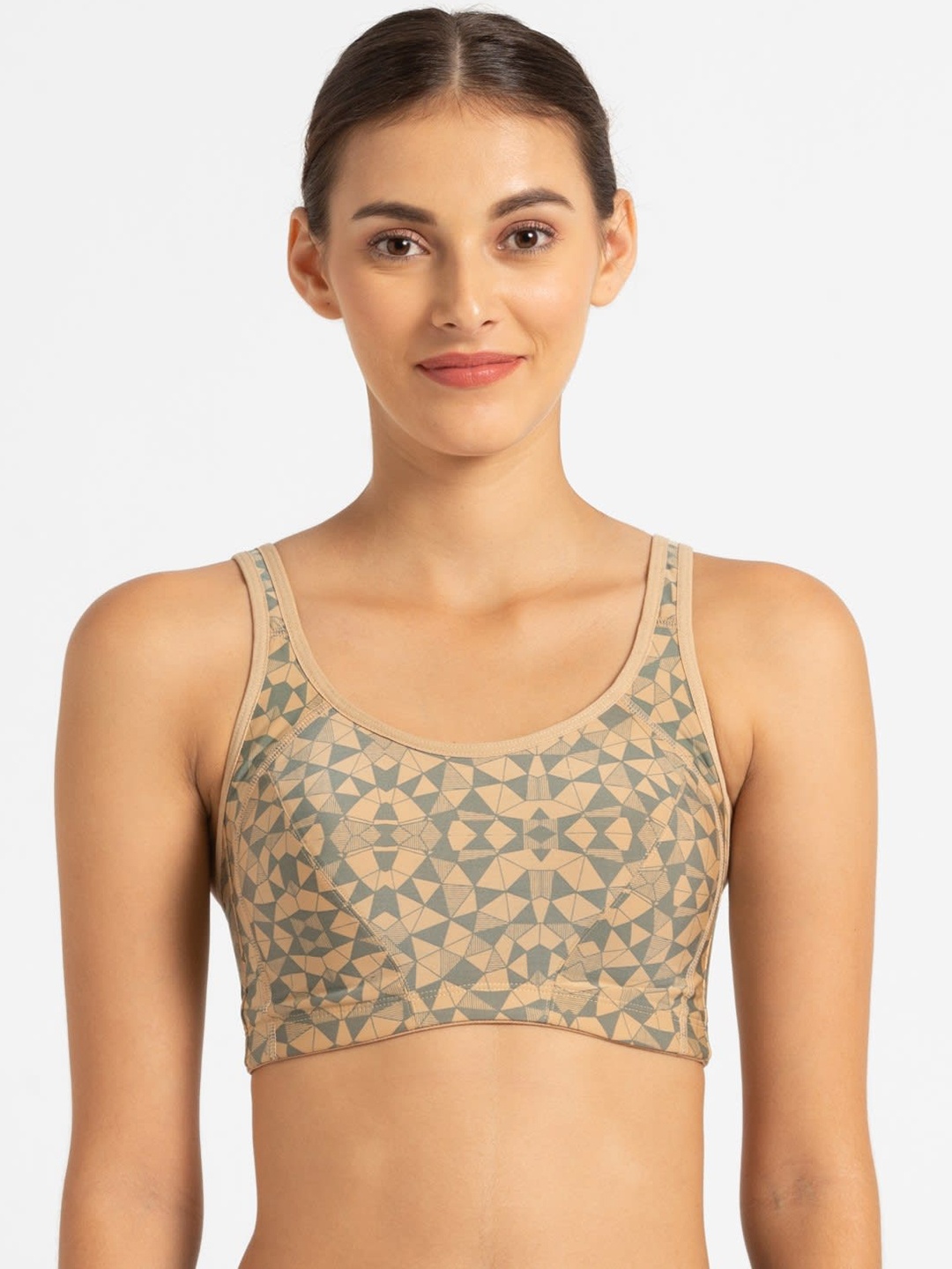 

Jockey Beige & Blue Printed Non-Wired Lightly Padded Medium Support Sports Bra MI01-0103
