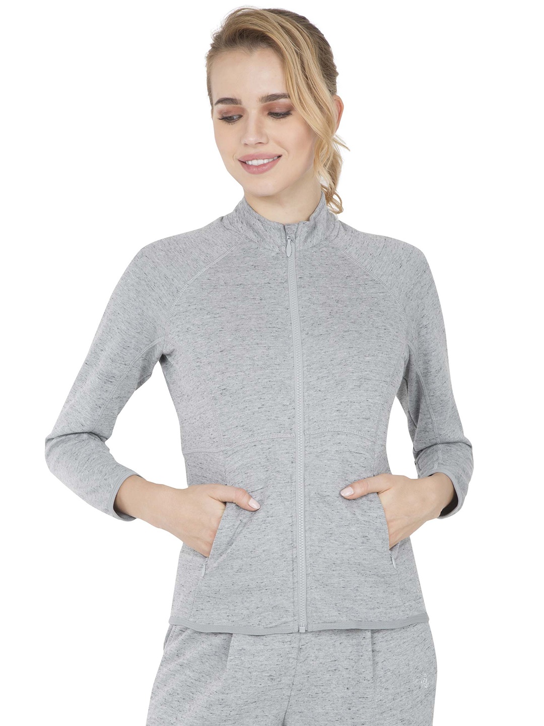 

Jockey Women Grey Melange Solid Sporty Jacket