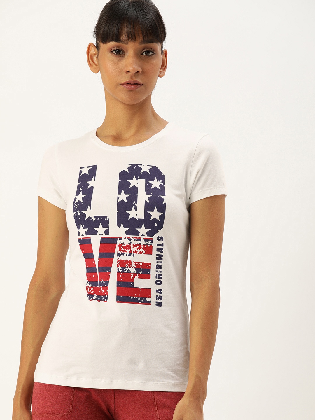 

Jockey Women White & Navy Modern Fit Printed Round Neck T-shirt