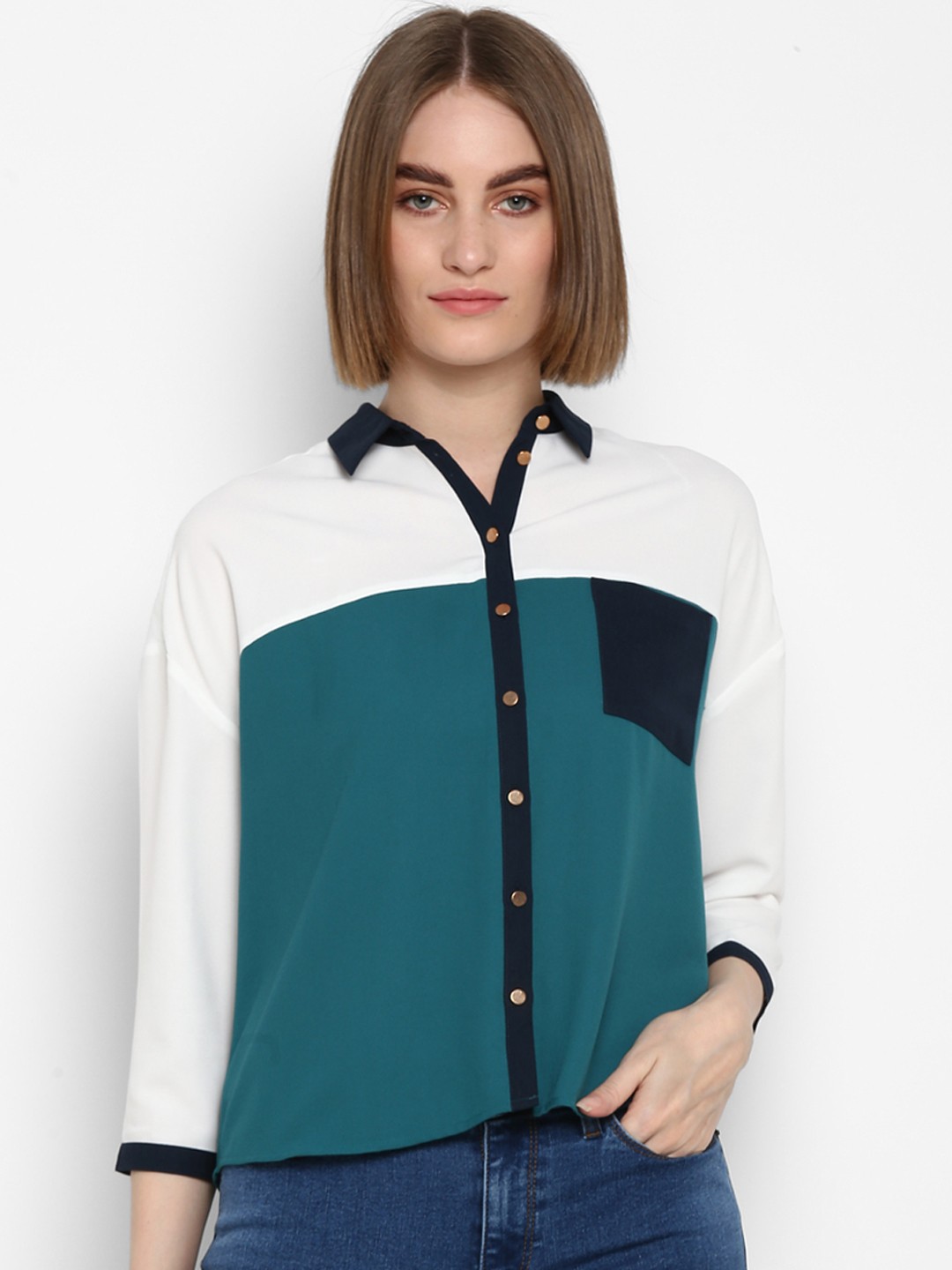 

Mode by Red Tape Women Green & White Boxy Colourblocked Casual Shirt