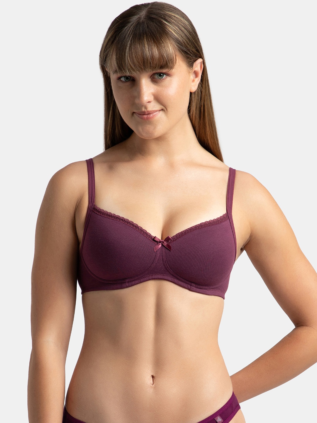 

Jockey Wirefree Padded Plus Size Cotton Medium Coverage Tshirt Bra with Lace Styling -1723, Burgundy