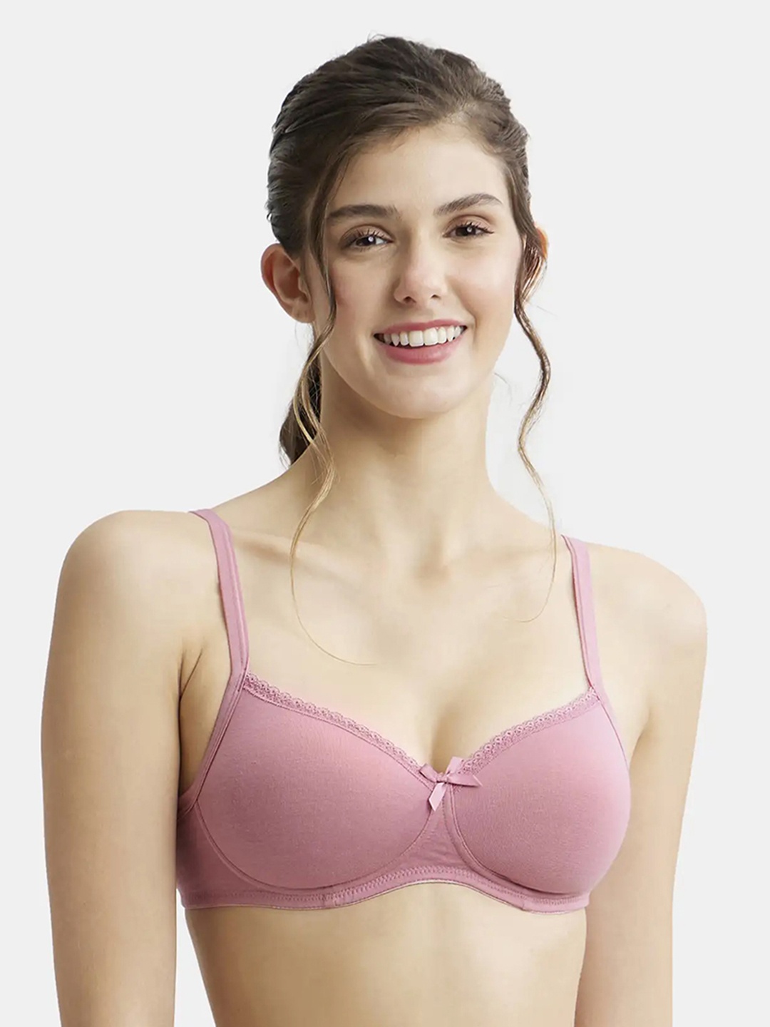 

Jockey Wirefree Padded Plus Size Cotton Medium Coverage Tshirt Bra with Lace Styling -1723, Pink