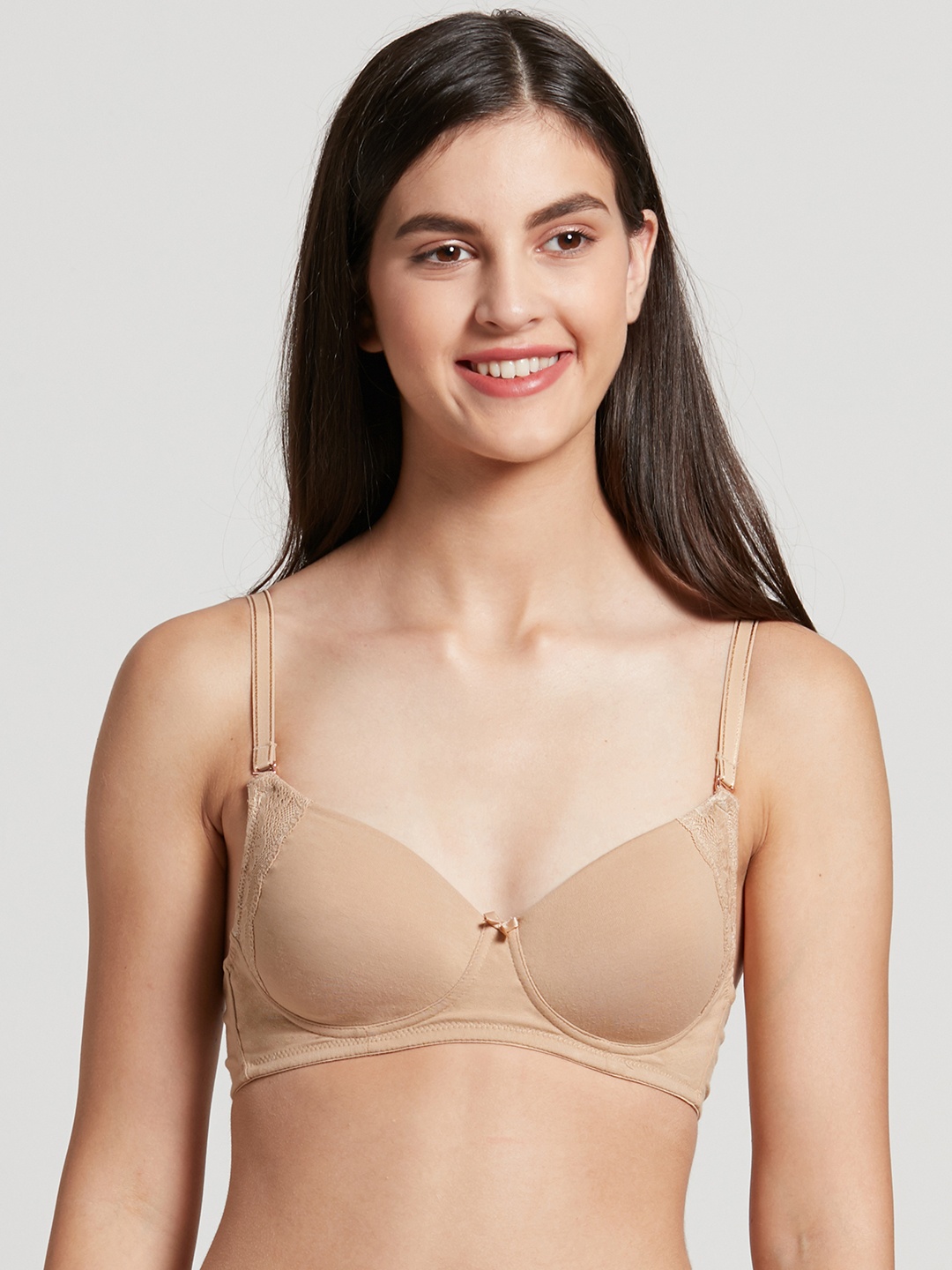 

Jockey Beige Solid Non-Wired Non Padded Lace Inserted T-shirt Bra FE34-0105