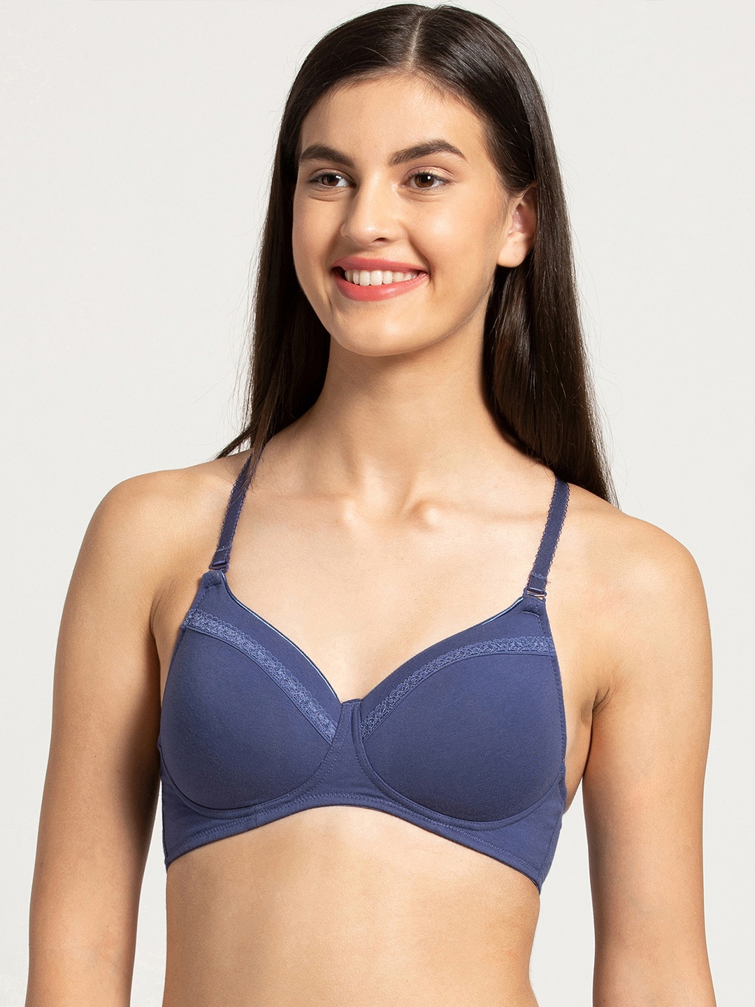 

Jockey Blue Solid Non-Wired Lightly Padded Lace Inserted T-shirt Bra FE25-0105