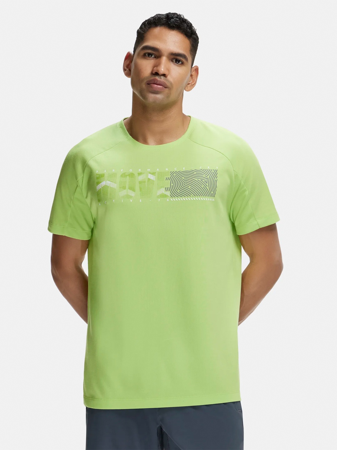 

Jockey Men Green Solid Round Neck T-shirt with Printed Detail