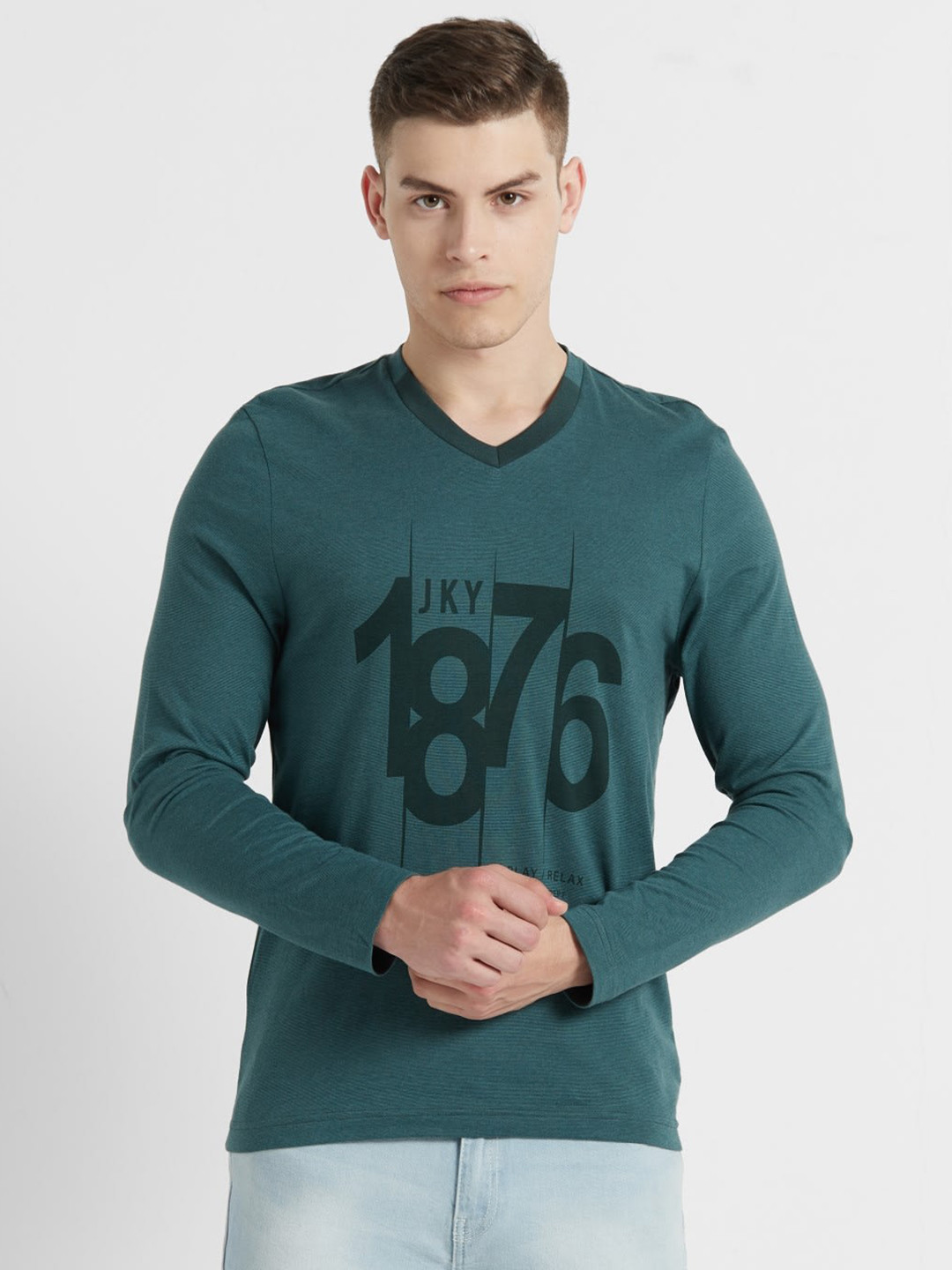 

Jockey Men Teal Green Printed V-Neck T-shirt
