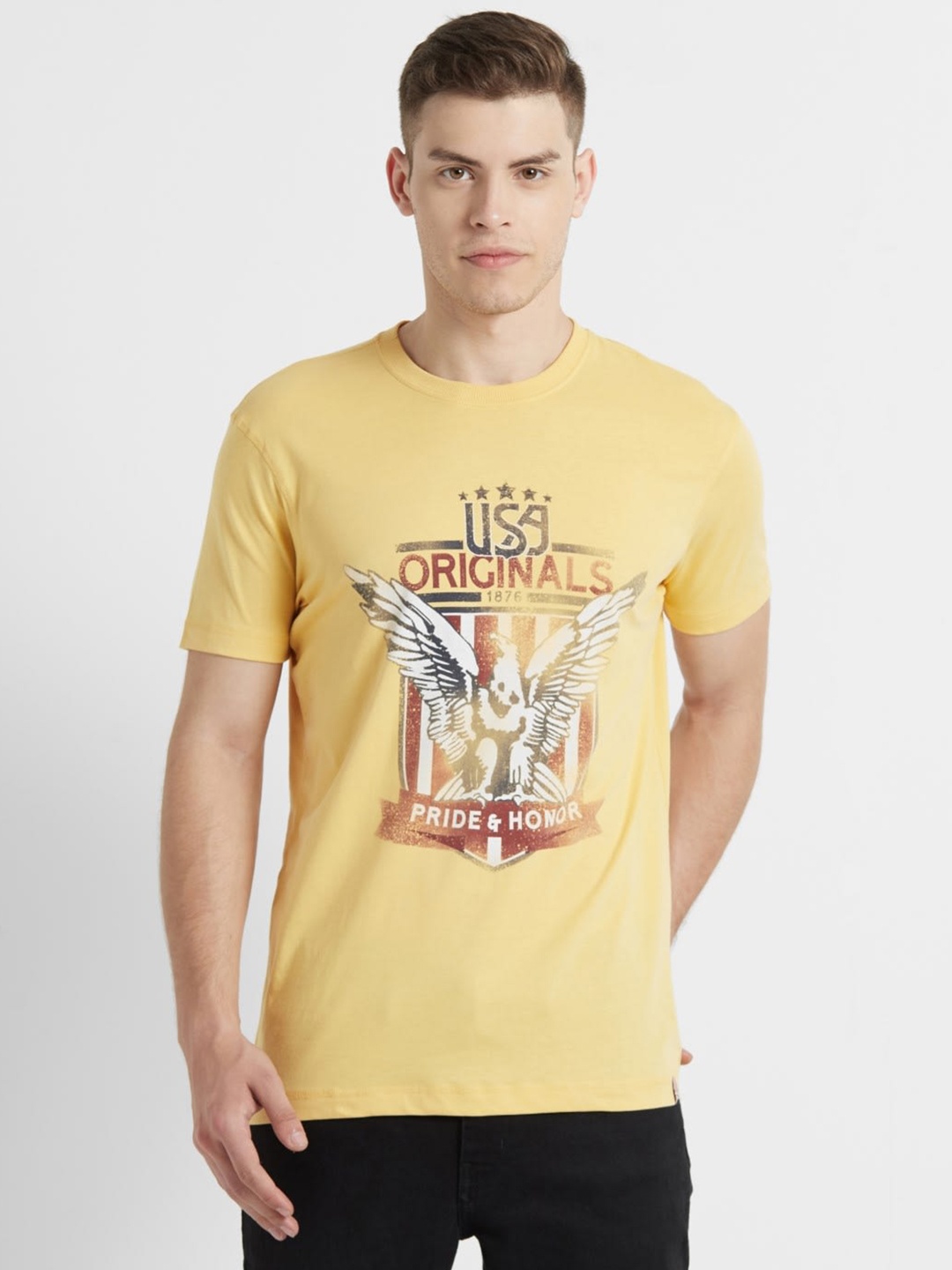

Jockey Men Yellow Printed Comfort Fit Round Neck Tshirt