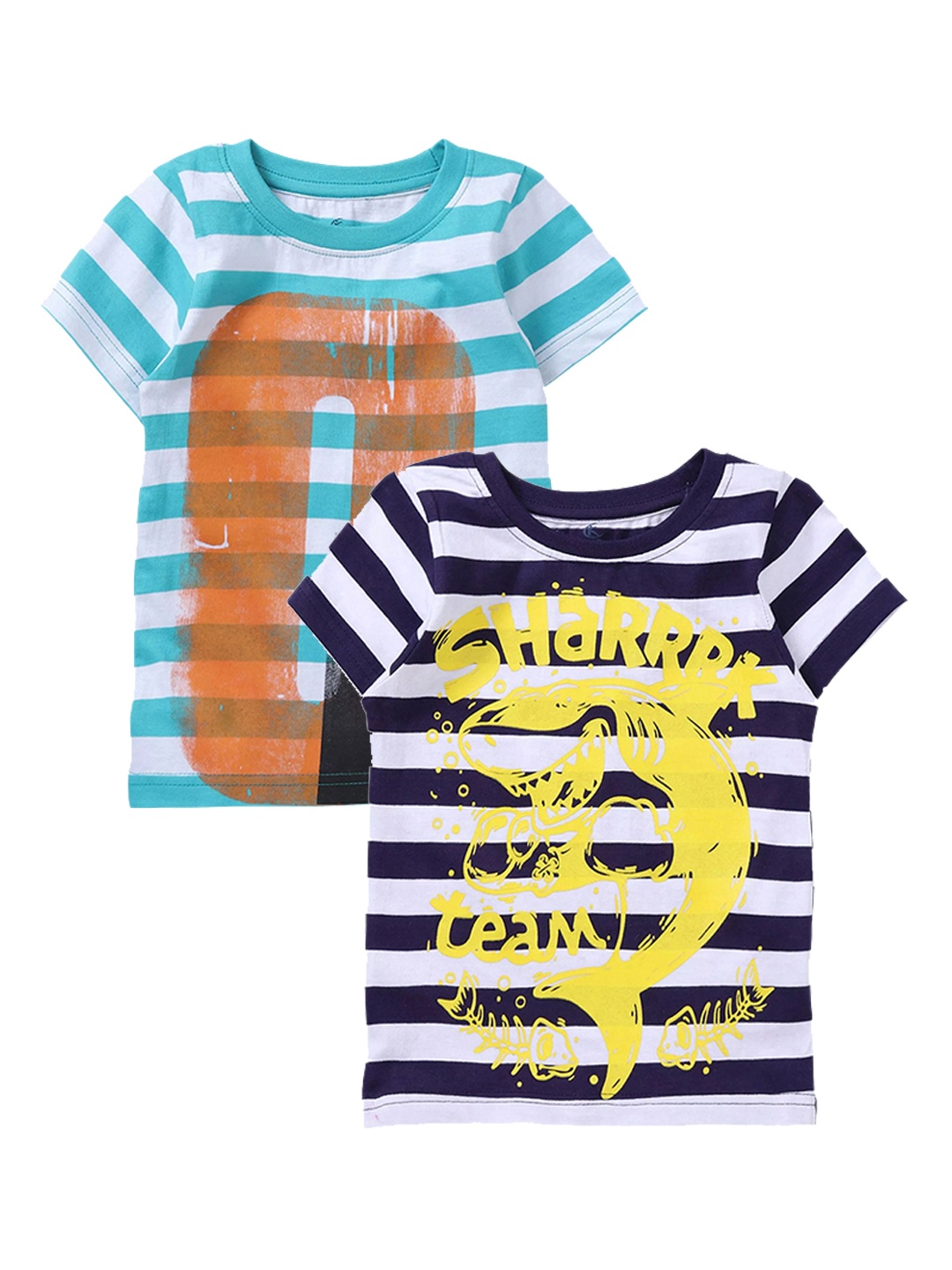 

KiddoPanti Boys Navy Blue Striped Round Neck Pure Cotton T-shirt
