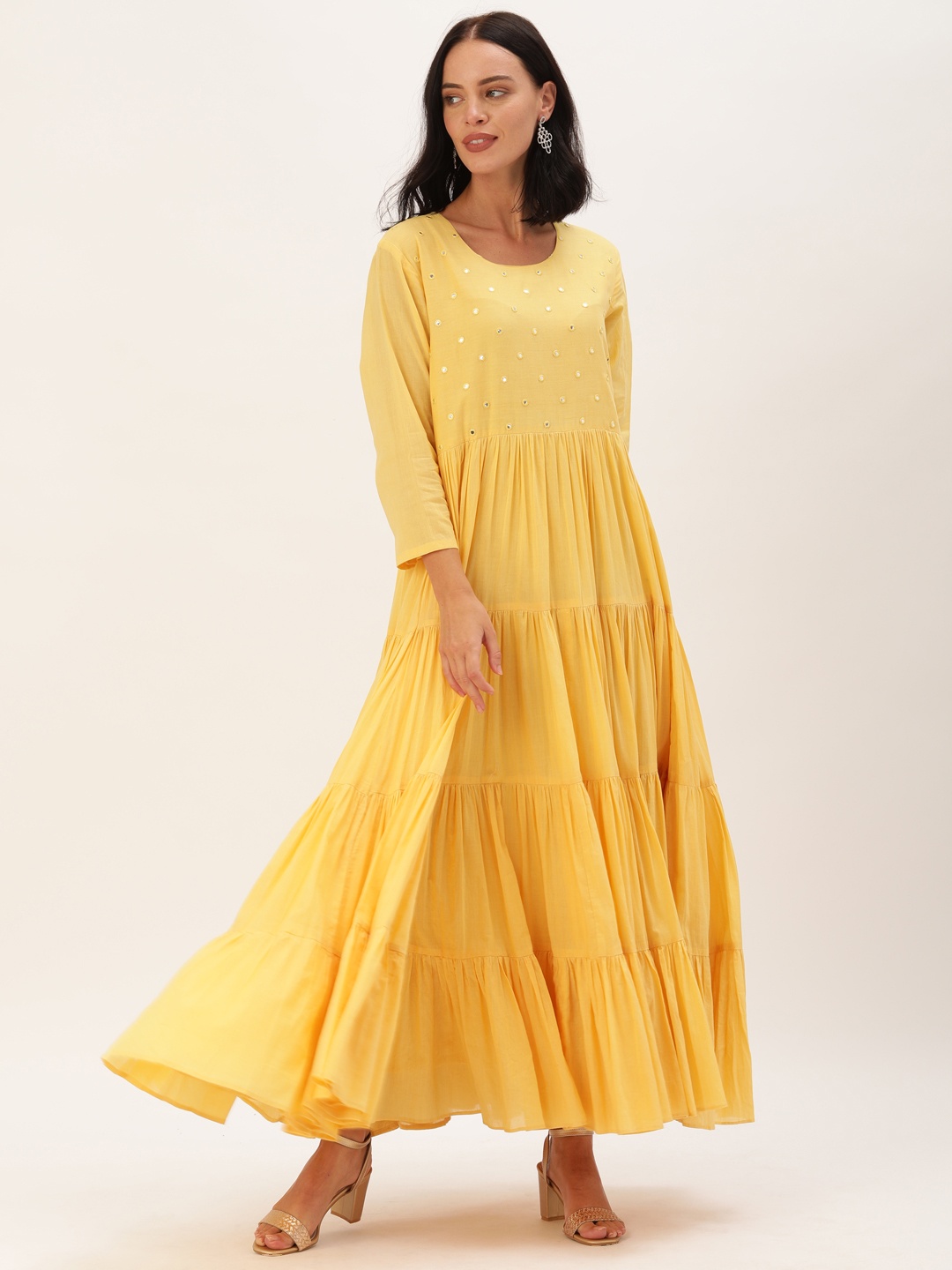 

Soch Women Mustard Yellow Solid Anarkali Tiered Kurta with Mirror Work & Gathered Detail