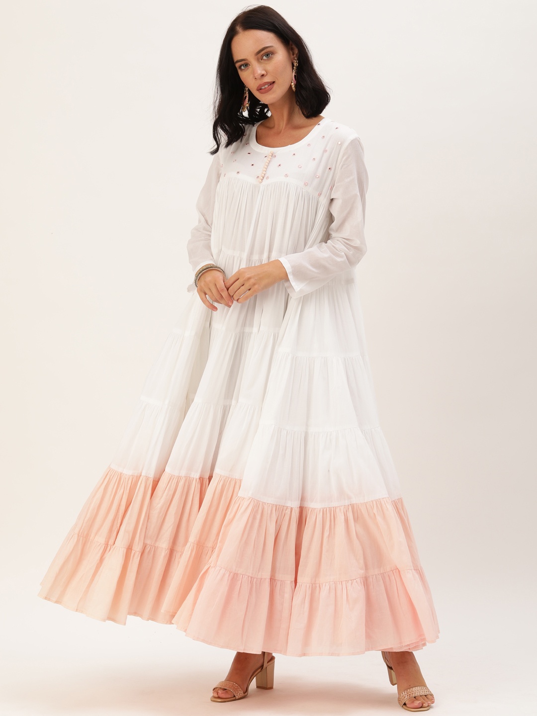 

Soch Women White & Pink Colourblocked Tiered Maxi Dress