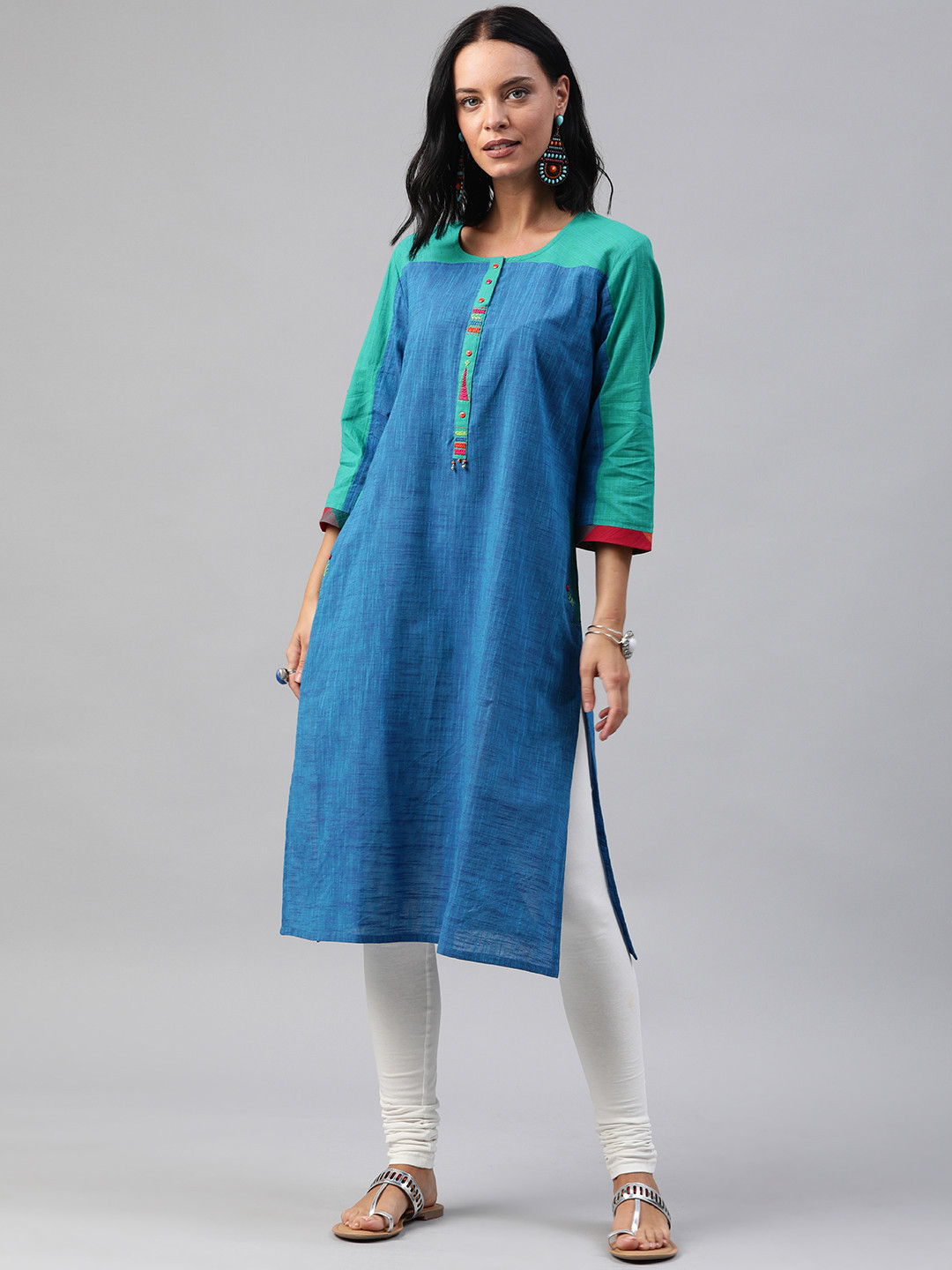 

Soch Women Blue & Green Colourblocked Straight Kurta with Embroidery