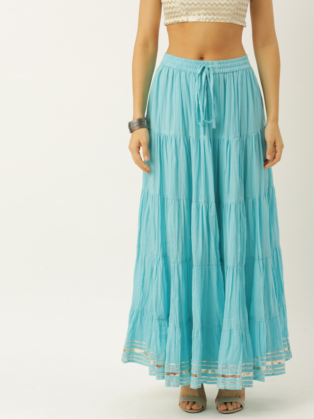 

Soch Women Turquoise Blue Solid Maxi Tiered Skirt