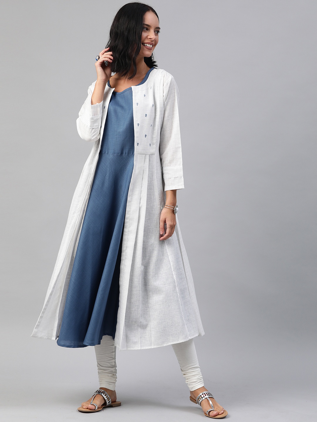 

Soch Women White & Navy Blue Solid A-Line Layered Fusion Kurta With Gathers
