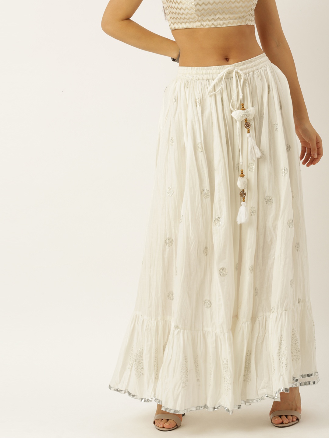

Soch Women Off White Cotton Printed Tiered Skirt