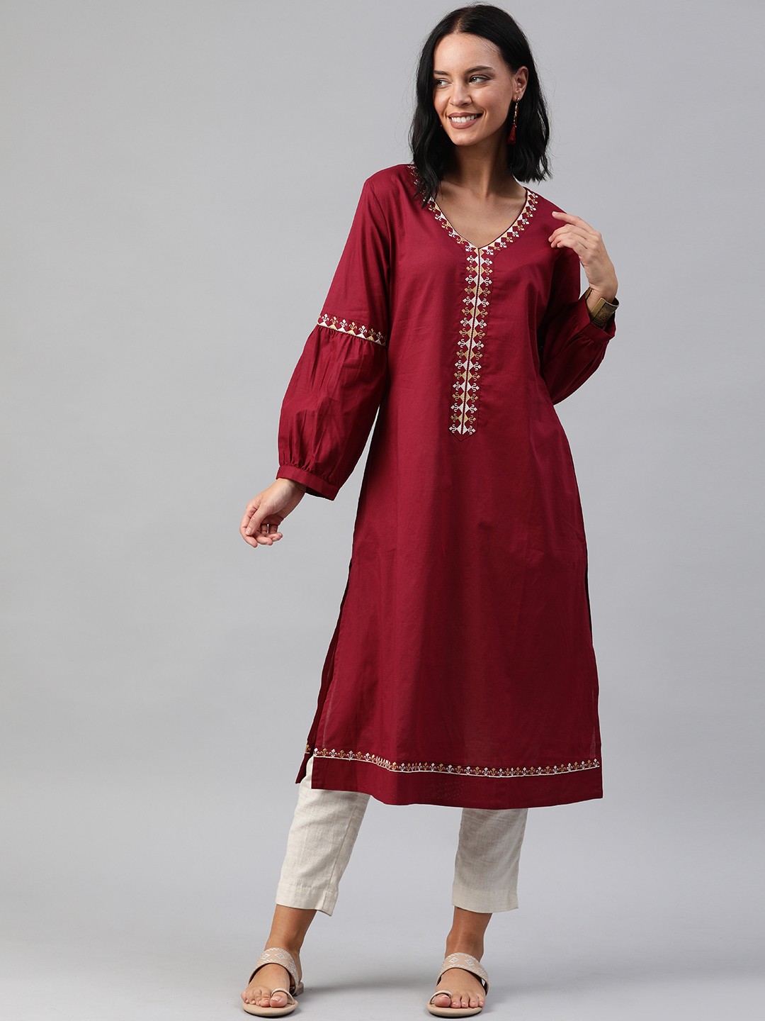 

Soch Women Maroon Solid A-Line Kurta with Embroidery