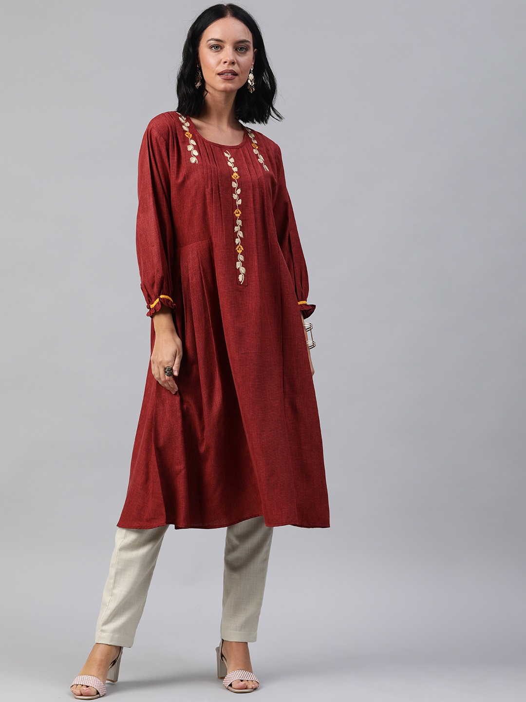 

Soch Women Maroon Embroidered A-Line Kurta