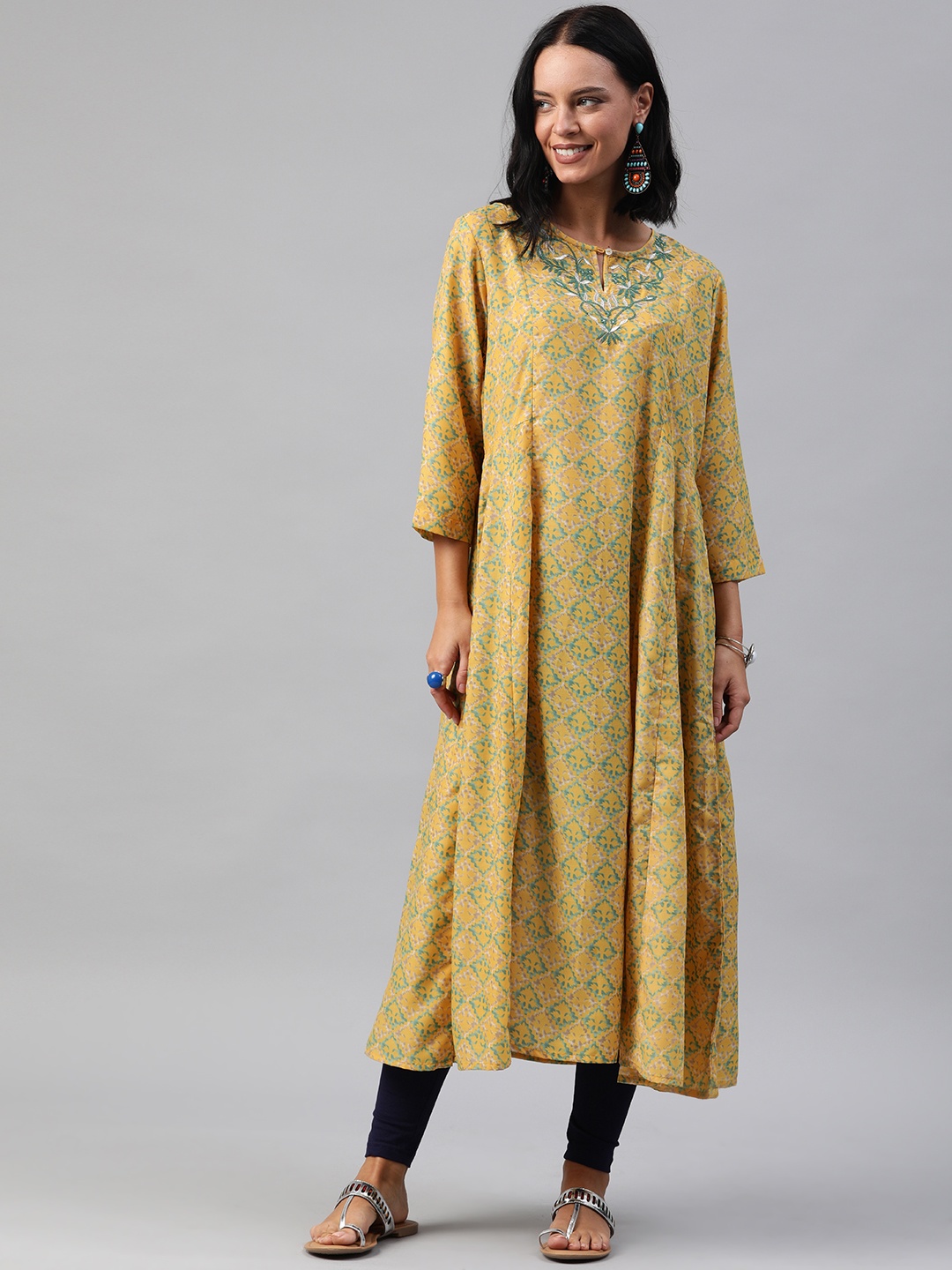 

Soch Women Mustard Yellow & Blue Printed A-Line Kurta