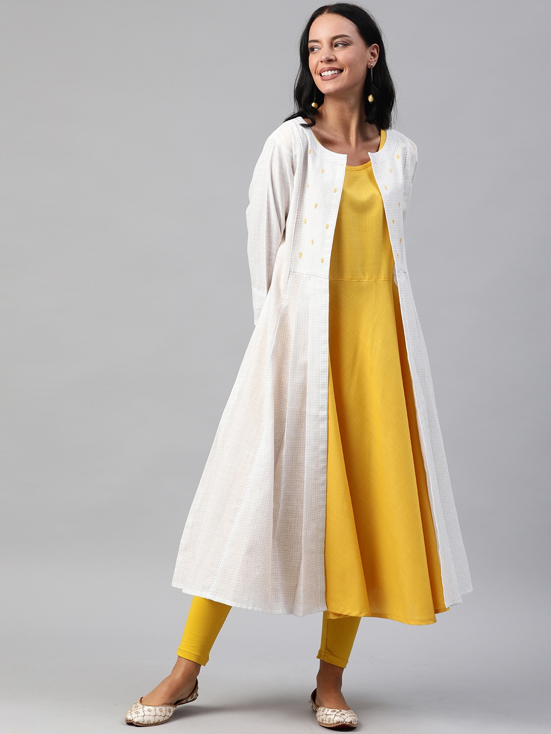 

Soch Women White & Mustard Yellow Solid A-Line Layered Fusion Kurta With Gathers