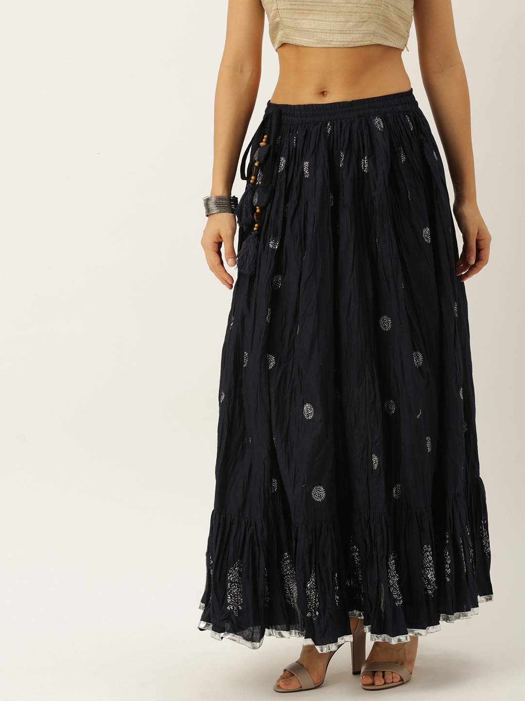 

Soch Women Black & Silver-Toned Printed Flared Maxi Skirt, Blue