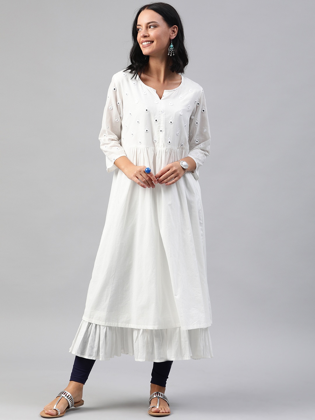 

Soch Women White Solid Embellished A-Line Layered Kurta