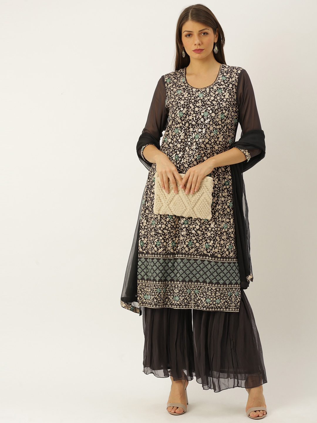 

Soch Women Brown & Gold-Toned Printed Kurti with Sharara & Dupatta