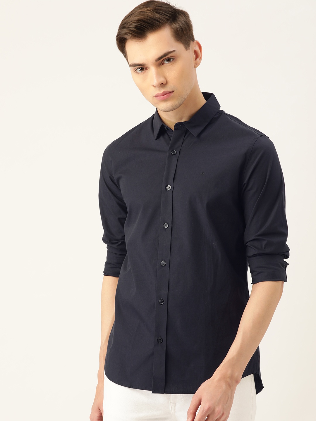 

Calvin Klein Jeans Men Navy Blue Solid Knitted Casual Shirt