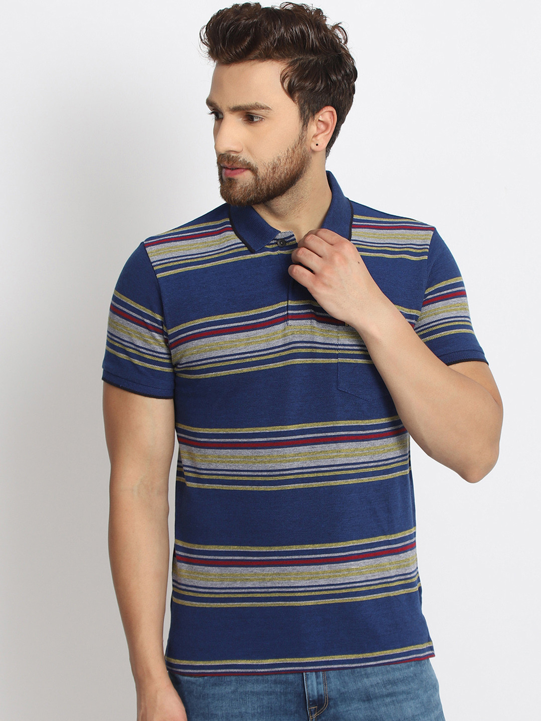 

98 Degree North Men Navy Blue & Mustard Yellow Striped Polo Collar T-shirt