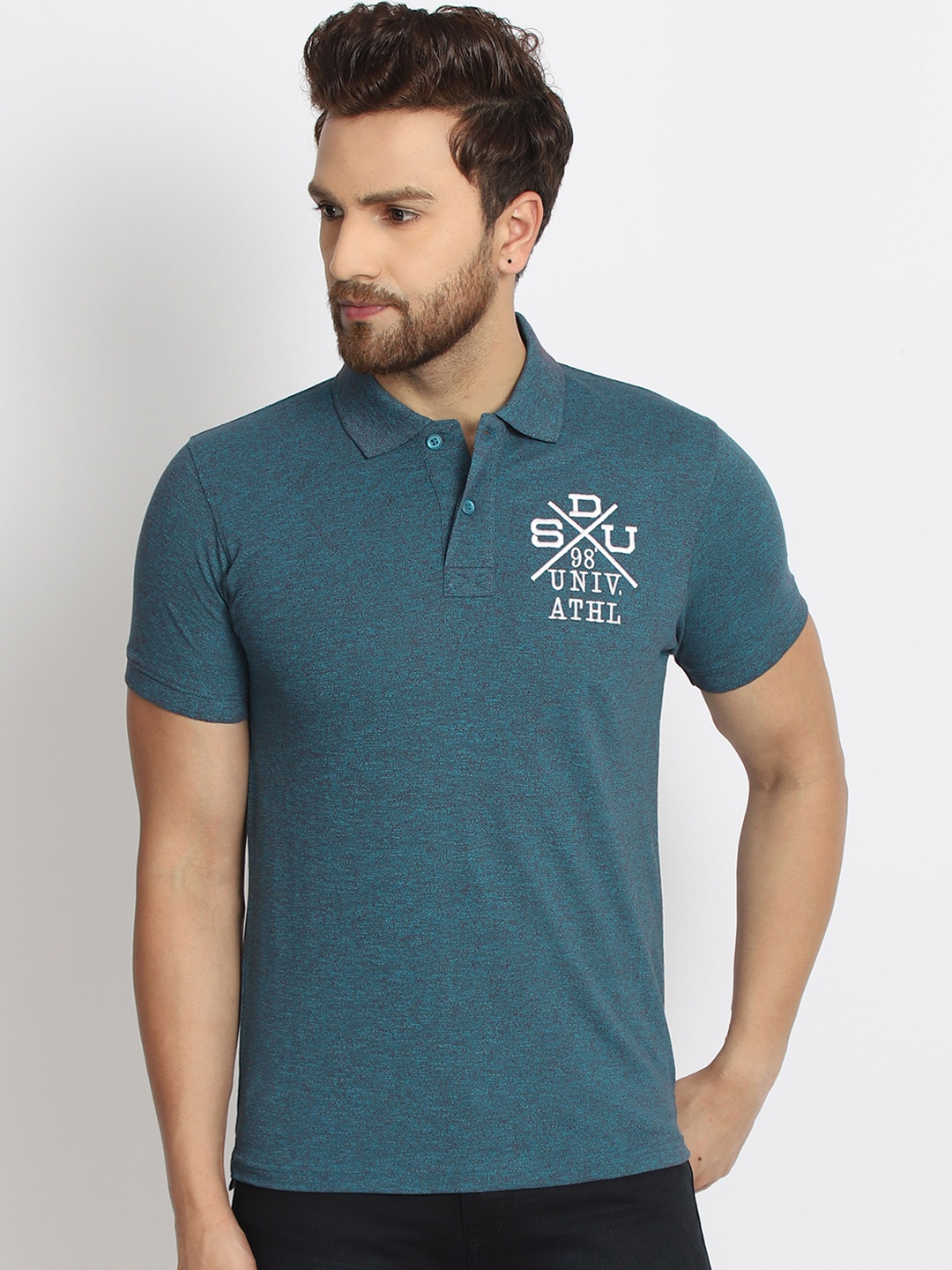 

98 Degree North Men Teal Green Solid Polo Collar T-shirt
