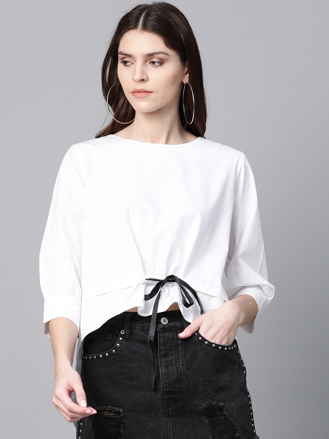 

SASSAFRAS Women White Solid High-Low Boxy Top